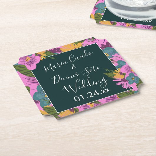 Hand Drawn Florals Wedding Bold Pink Greenery Kartonnen Onderzetters (Gekanteld)