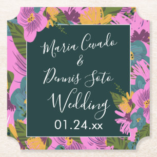 Hand Drawn Florals Wedding Bold Pink Greenery Kartonnen Onderzetters