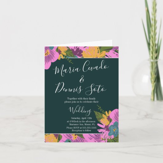 Hand Drawn Florals Wedding Bold Pink Greenery Notitiekaartje (Voorkant)