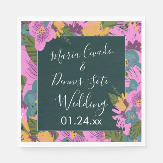 Hand Drawn Florals Wedding Bold Pink Greenery Servet (Voorkant)