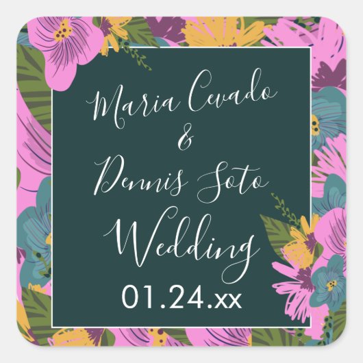 Hand Drawn Florals Wedding Bold Pink Greenery Vierkante Sticker (Voorkant)