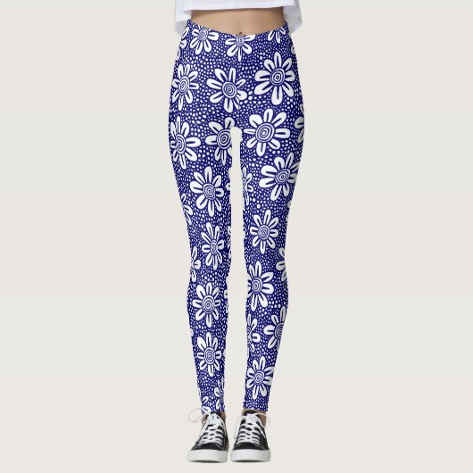 Hand Drawn Flower Pattern 140617 - Deep Navy Leggings (Voorkant)