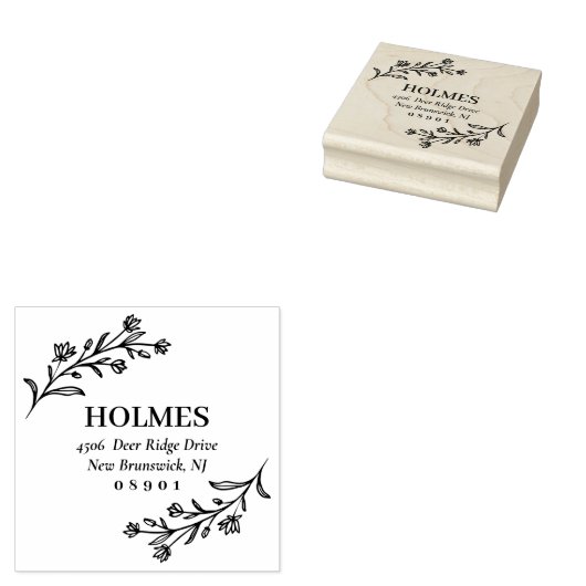 Hand Drawn Flower Sprigs Name & Address Rubberstempel (Gestempeld)