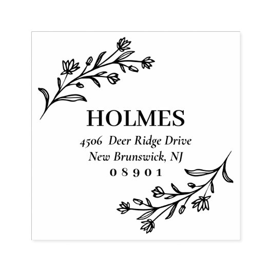 Hand Drawn Flower Sprigs Name & Address Rubberstempel (Afrduk)