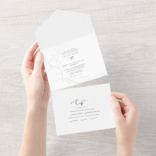 Hand-Drawn Foliage Simple Wedding All In One Uitnodiging (Afscheurbaar)