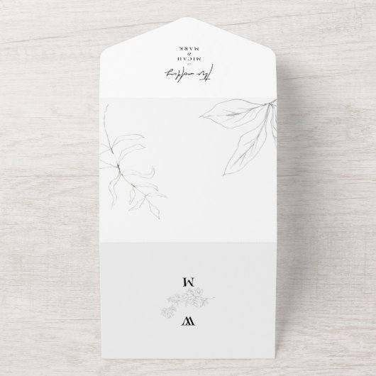 Hand-Drawn Foliage Simple Wedding All In One Uitnodiging (Buitenkant)