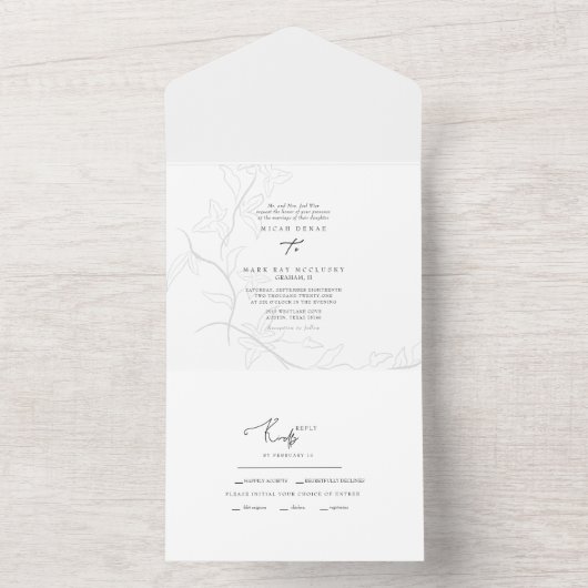 Hand-Drawn Foliage Simple Wedding All In One Uitnodiging (Binnen)
