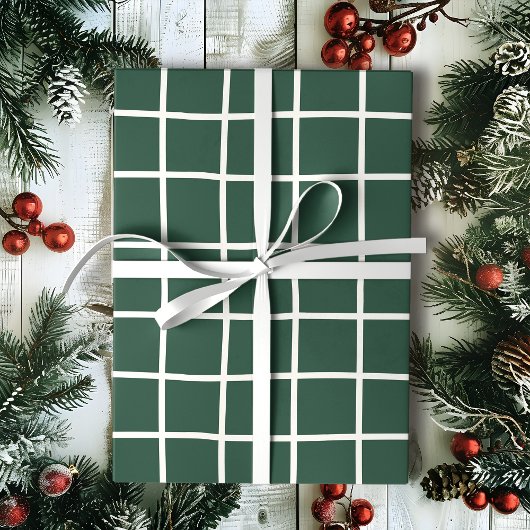 Hand Drawn Forest Green and White Grid Holiday Cadeaupapier