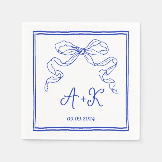 Hand Drawn French Blue Wedding Monogram Servet (Voorkant)