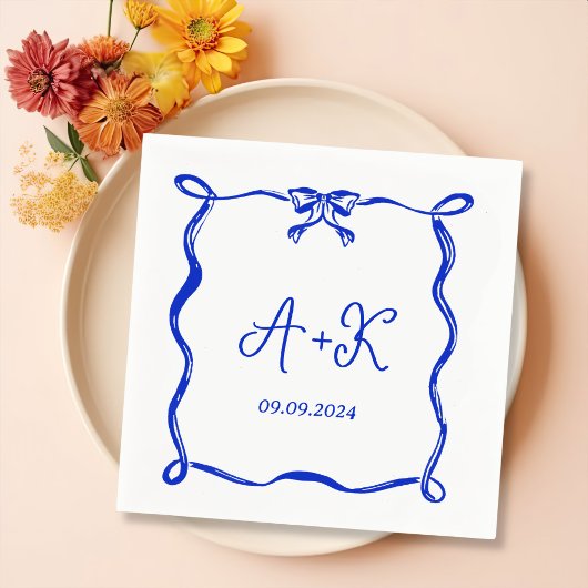Hand Drawn French Blue Wedding Monogram Servet