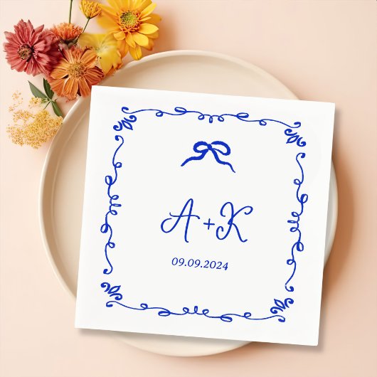 Hand Drawn French Blue Wedding Monogram Servet