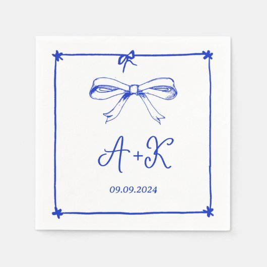 Hand Drawn French Blue Wedding Monogram Servet (Voorkant)