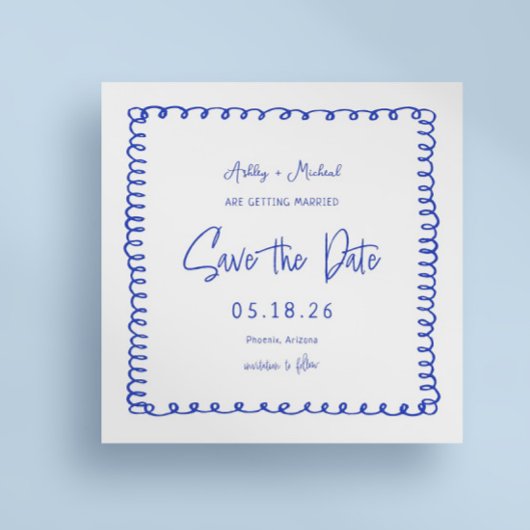 Hand Drawn French Square Blue Wedding Save The Date