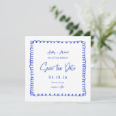 Hand Drawn French Square Blue Wedding Save The Date (Staand voorkant)