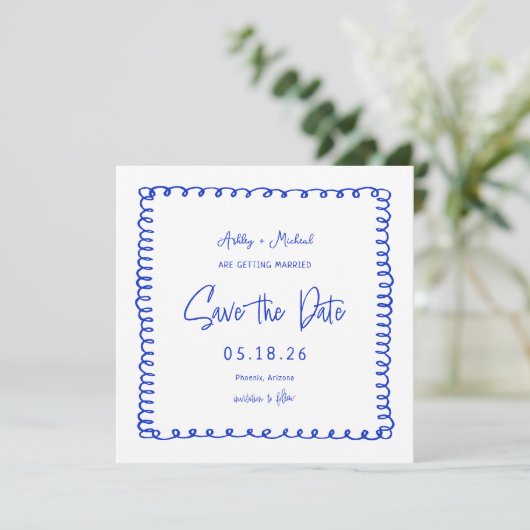 Hand Drawn French Square Blue Wedding Save The Date (Staand voorkant)