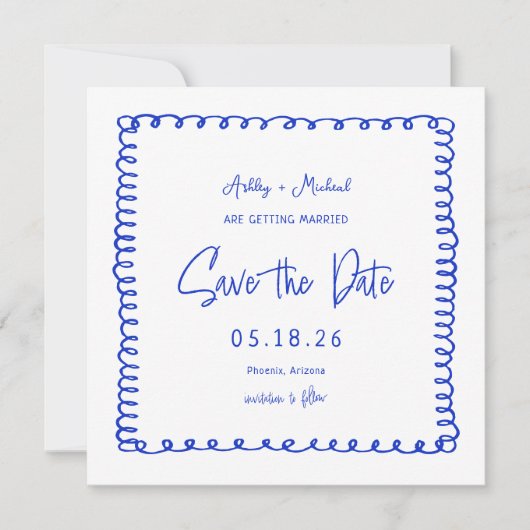 Hand Drawn French Square Blue Wedding Save The Date (Voorkant)