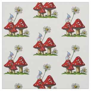 Hand Drawn Gnome Girl on Toadstools, Fantasy Art Stof