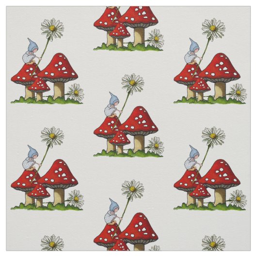 Hand Drawn Gnome Girl on Toadstools, Fantasy Art Stof (Swatch)