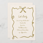 Hand Drawn Gold Bow Ribbon Border New Years Party Kaart (Voorkant / Achterkant)