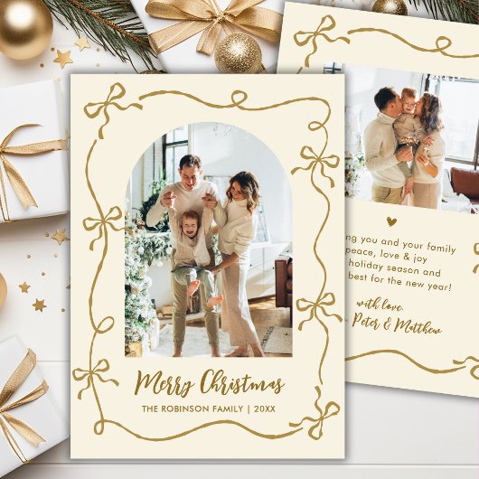 Hand Drawn Gold Bows Arch Photo Merry Christmas Feestdagenkaart