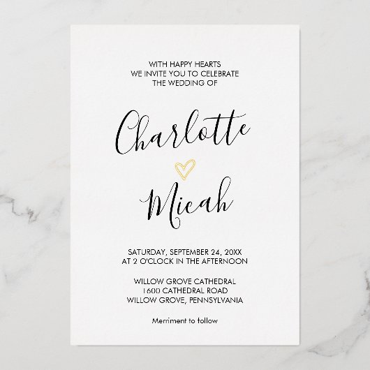 Hand Drawn Gold Foil Heart Wedding Folie Uitnodiging (Voorkant)