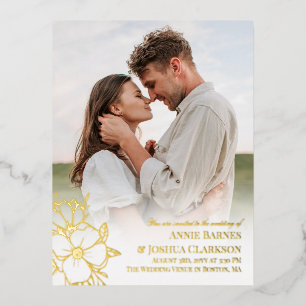 Hand Drawn Gold Foil Lineart Flowers Foto Weddensc Folie Uitnodiging Briefkaart