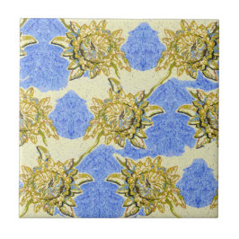 Hand Drawn Golden Flowers met blauwe achtergrond Tegeltje
