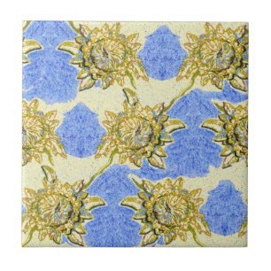 Hand Drawn Golden Flowers met blauwe achtergrond Tegeltje