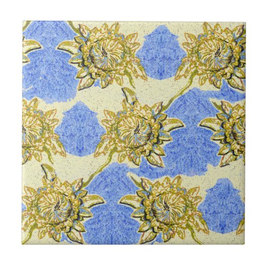 Hand Drawn Golden Flowers met blauwe achtergrond Tegeltje (Voorkant)
