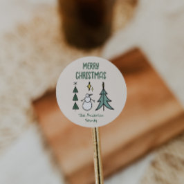 Hand Drawn Green Abstract Christmas Tree Snowman Ronde Sticker