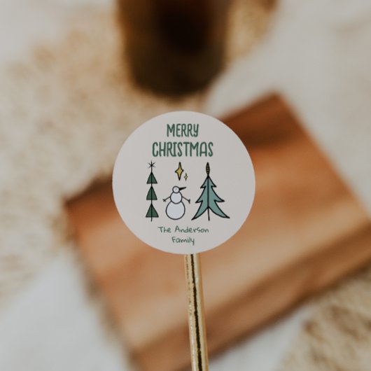 Hand Drawn Green Abstract Christmas Tree Snowman Ronde Sticker