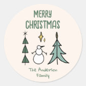 Hand Drawn Green Abstract Christmas Tree Snowman Ronde Sticker (Voorkant)