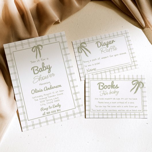 Hand Drawn Green Bow Gingham Neutral Baby Shower Kaart