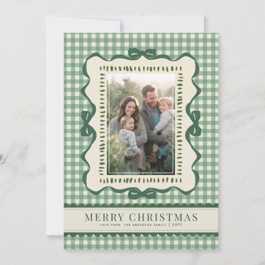 Hand Drawn Green Bow Retro Plaid Christmas Photo Feestdagenkaart (Voorkant)