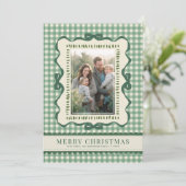 Hand Drawn Green Bow Retro Plaid Christmas Photo Feestdagenkaart (Staand voorkant)