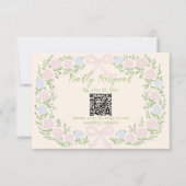 Hand Drawn Green Pink Bow Floral Wedding QR Code RSVP Kaartje (Voorkant)