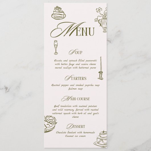 Hand Drawn Green Retro Illustrated Dinner Wedding Menu (Voorkant)