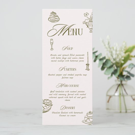 Hand Drawn Green Retro Illustrated Dinner Wedding Menu (Staand voorkant)