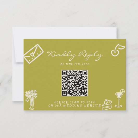 Hand Drawn Green Romantic QR Code Wedding RSVP Kaartje (Voorkant)