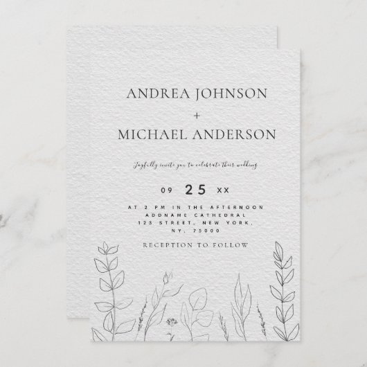 Hand Drawn Greenery Kraft Line Art Black & White Kaart (Voorkant / Achterkant)