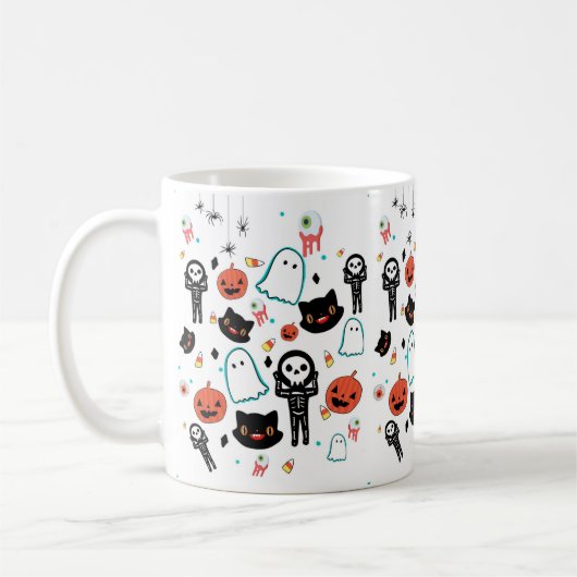 Hand Drawn Halloween Cat Skeleton Ghost Patroon Koffiemok (Links)