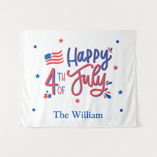 Hand Drawn Happy, 4 juli, rood wit en blauw Wandkleed (Voorkant (horizontaal))