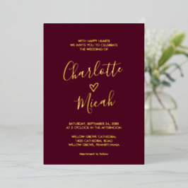 Hand Drawn Heart | Gold Foil Text Burgundy Wedding Folie Uitnodiging