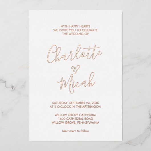 Hand Drawn Heart | Roos Gold Foil tekstbruiloft Folie Uitnodiging (Voorkant)