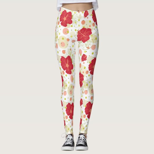 Hand Drawn Hibiscus Pattern Leggings (Voorkant)