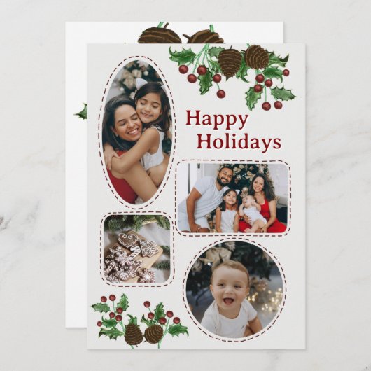 Hand Drawn Holly & Pinecones Christmas Card Feestdagenkaart (Voorkant / Achterkant)