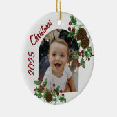 Hand Drawn Holly & Pinecones Christmas Photo Keramisch Ornament (Rechts)