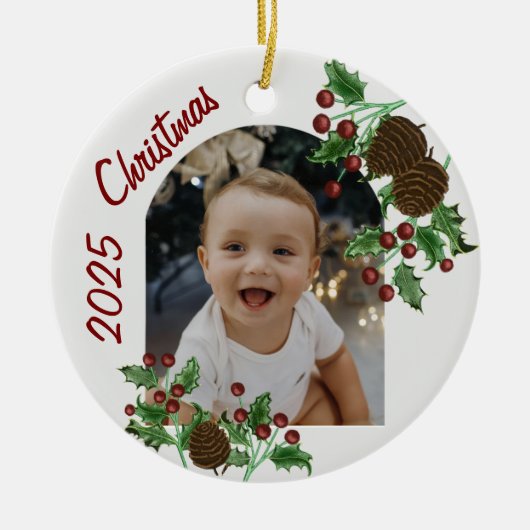 Hand Drawn Holly & Pinecones Christmas Photo Keramisch Ornament (Voorkant)