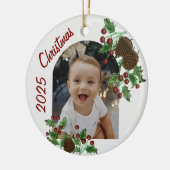 Hand Drawn Holly & Pinecones Christmas Photo Keramisch Ornament (Links)