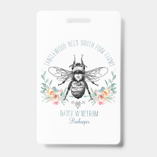 Hand Drawn Honey Bee Apiary Floral Badge (Voorzijde)